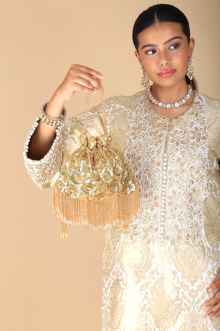 Gold Poly Silk Sequins Embroidered Potli Bag by Adora by Ankita at Pernia's Pop Up Shop