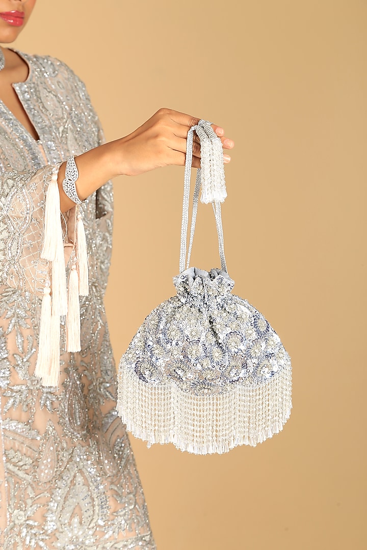 Silver Poly Silk Sequins Embroidered Potli Bag by Adora by Ankita at Pernia's Pop Up Shop