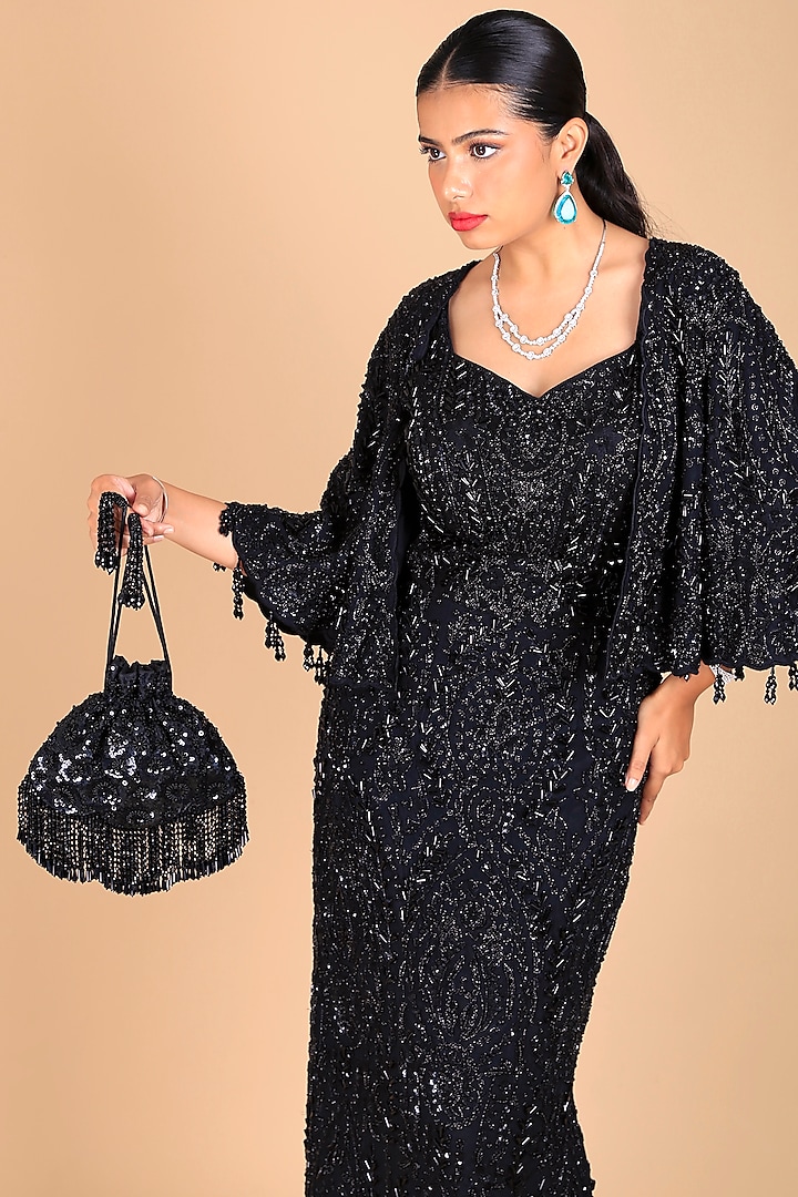 Black Poly Silk Sequins Embroidered Potli Bag by Adora by Ankita at Pernia's Pop Up Shop