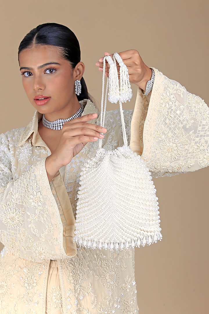Cream Velvet Crystal Work Clutch by Adora by Ankita at Pernia's Pop Up Shop