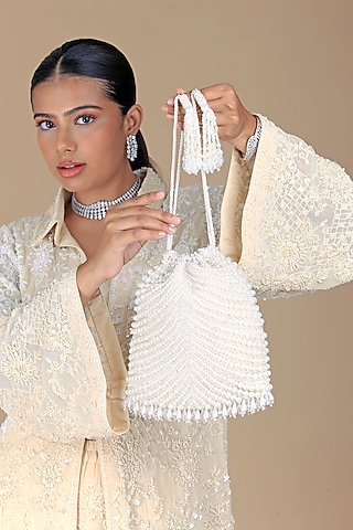 Cream Velvet Crystal Work Clutch by Adora by Ankita