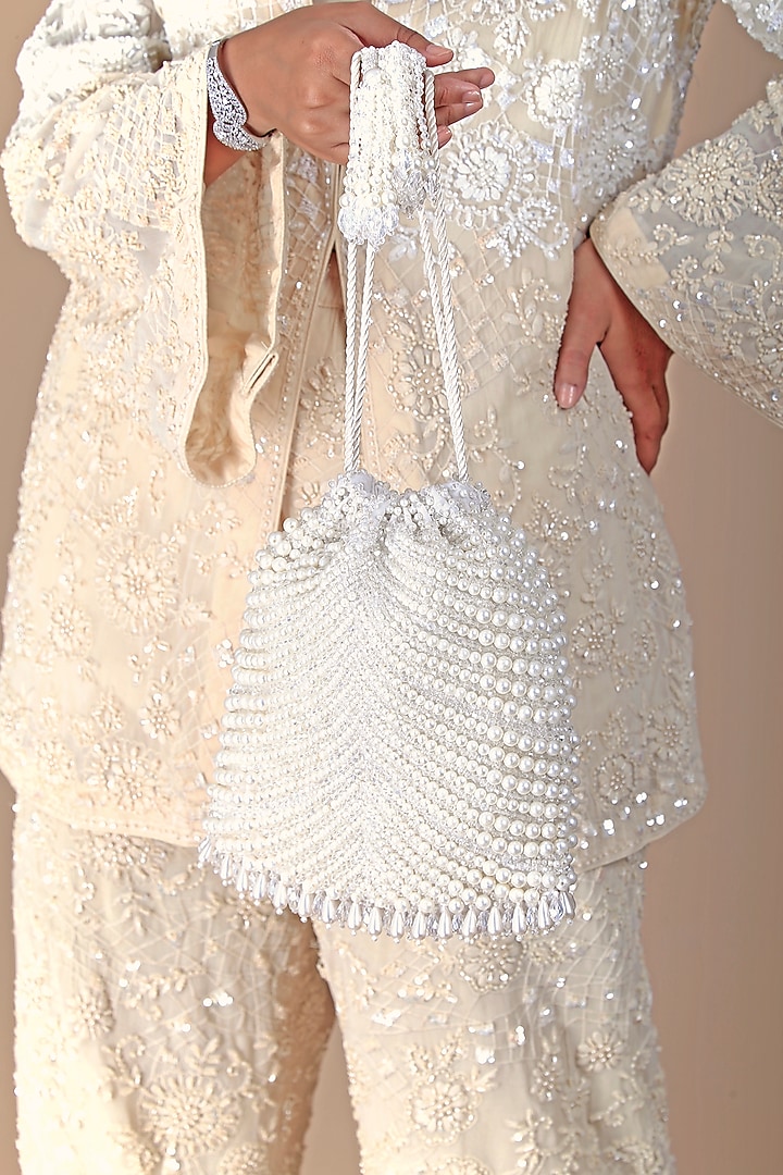Cream Velvet Crystal Work Clutch by Adora by Ankita at Pernia's Pop Up Shop