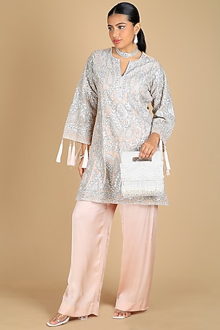 Ivory Velvet Pearl Embellished Clutch by Adora by Ankita