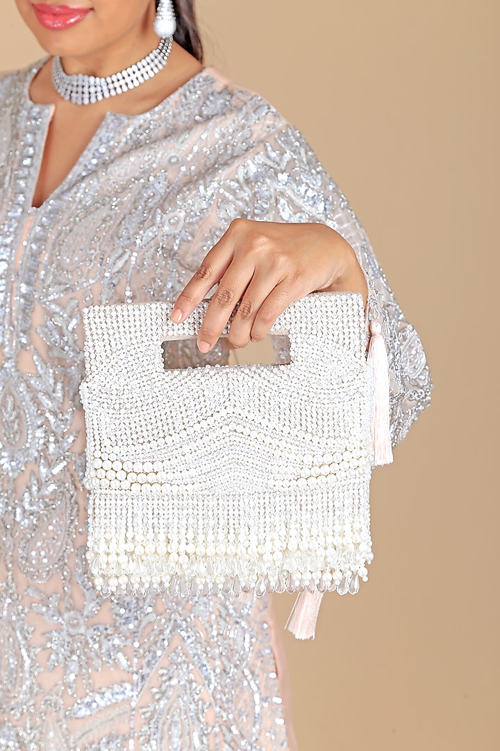 Ivory Velvet Pearl Embellished Clutch by Adora by Ankita at Pernia's Pop Up Shop