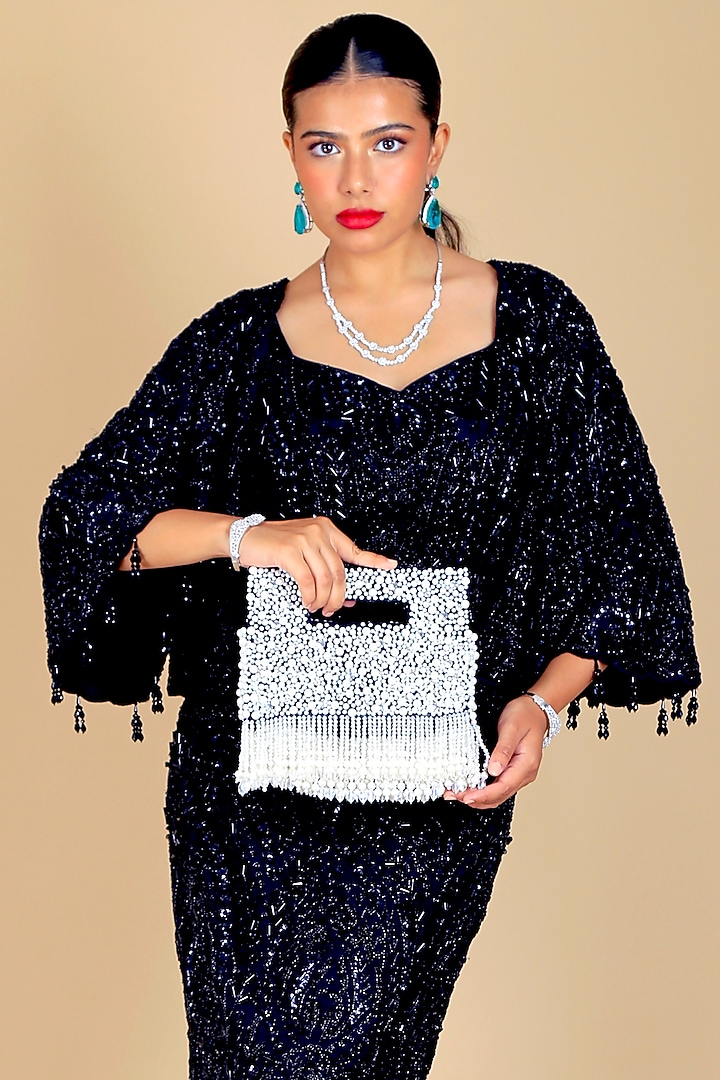 Black Velvet Pearl Embellished Clutch by Adora by Ankita at Pernia's Pop Up Shop