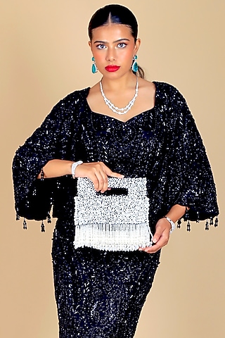 Black Velvet Pearl Embellished Clutch by Adora by Ankita