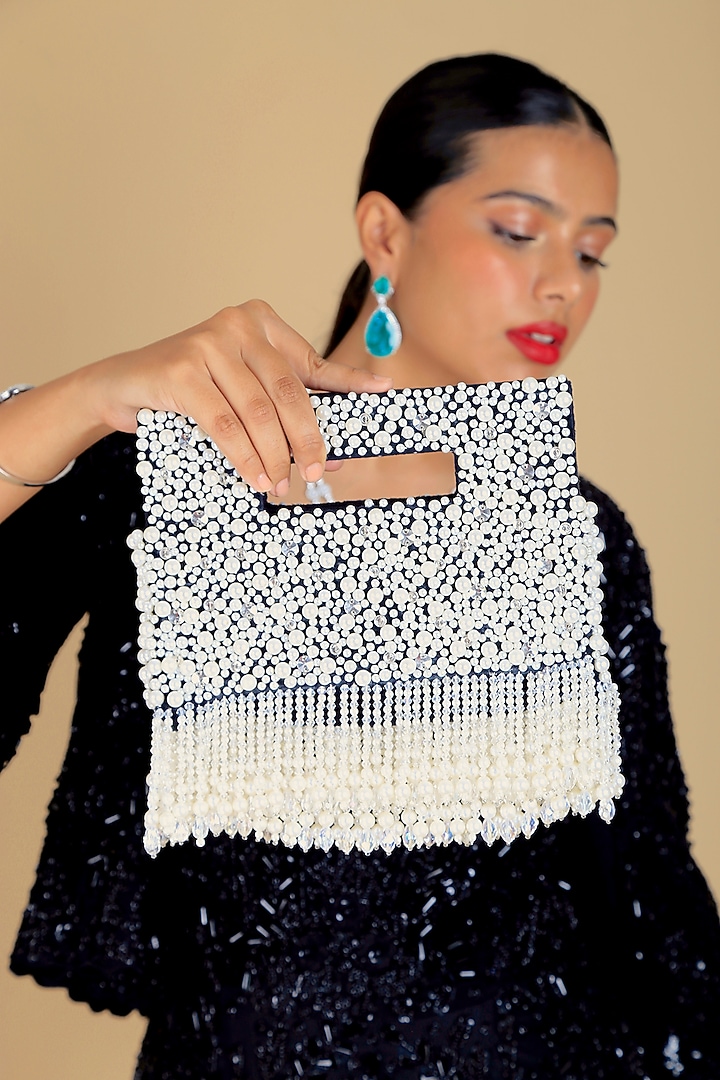 Black Velvet Pearl Embellished Clutch by Adora by Ankita at Pernia's Pop Up Shop