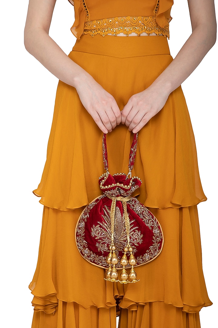 Maroon Embroidered Potli Bag by Adora by Ankita at Pernia's Pop Up Shop