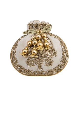 Cream Zardosi Embroidered Potli Bag by Adora by Ankita