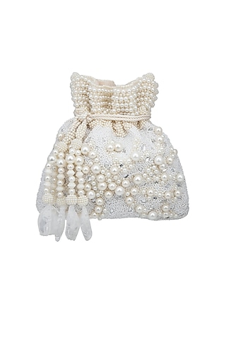 Cream Pearl Embroidered Potli Bag by Adora by Ankita