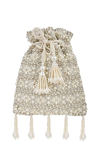 Cream Pearl Embroidered Potli Bag by Adora by Ankita