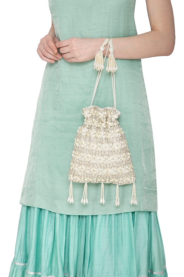 Cream Pearl Embroidered Potli Bag by Adora by Ankita at Pernia's Pop Up Shop