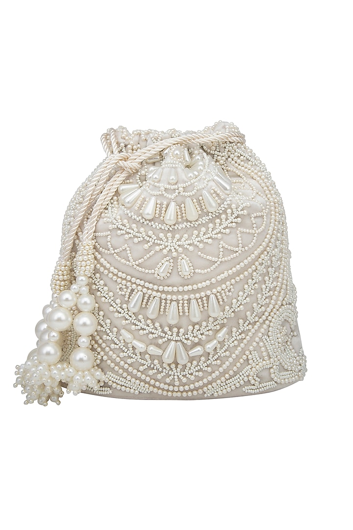 Cream Pearl Embroidered Potli Bag by Adora by Ankita