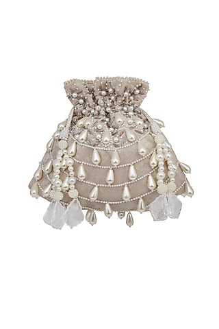 Beige Pearl Embroidered Potli Bag by Adora by Ankita