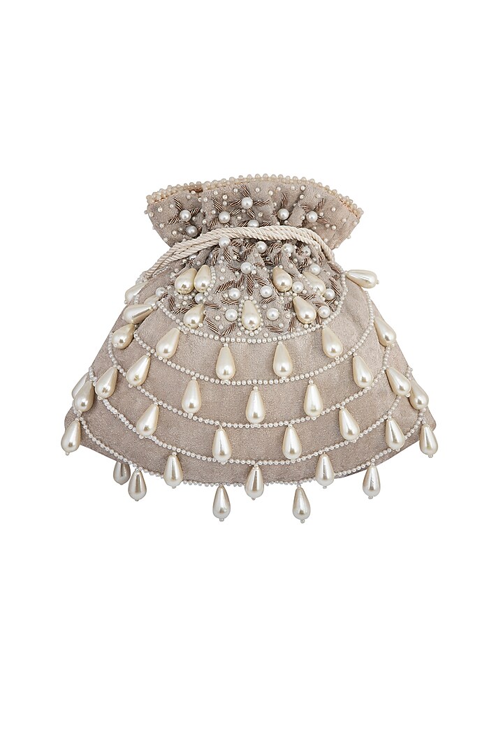 Beige Pearl Embroidered Potli Bag by Adora by Ankita at Pernia's Pop Up Shop