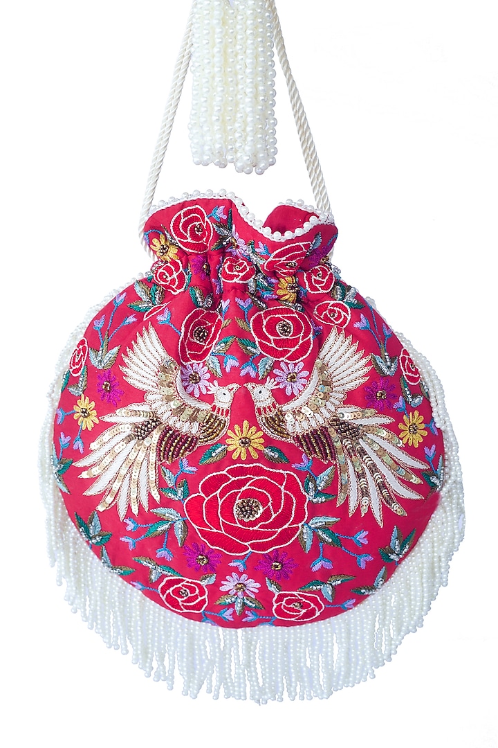 Red Embroidered Potli Bag by Adora By Ankita