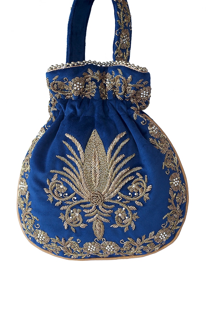 Blue Zardosi Embroidered Potli Bag by Adora By Ankita