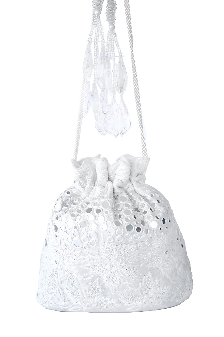 White Floral Embroidered Potli Bag by Adora By Ankita