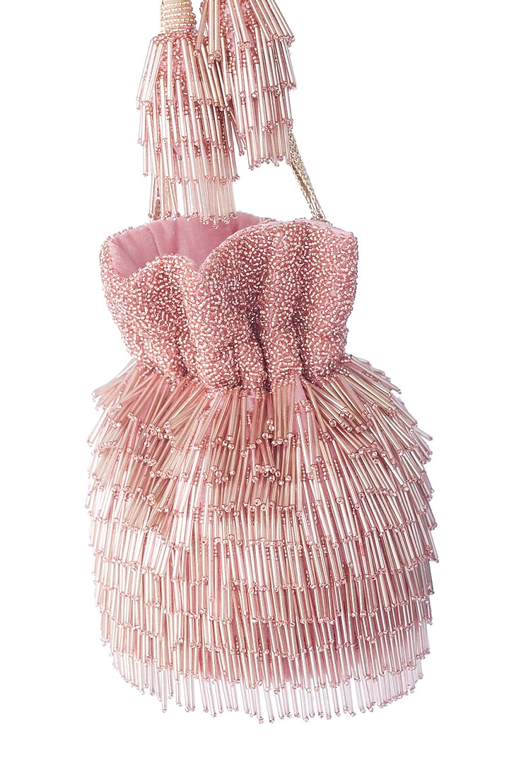 Pink Bead Embroidered Potli Bag by Adora By Ankita
