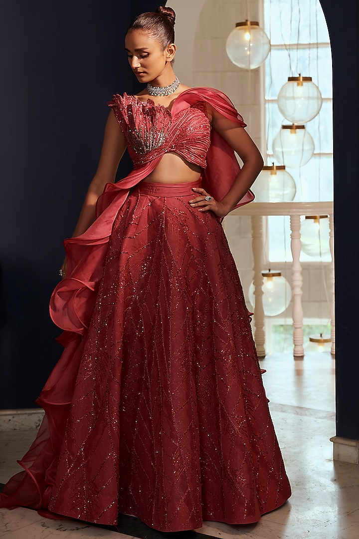 Mulberry Bemberg Silk & Organza Bridal Lehenga Set by Adaara Couture at Pernia's Pop Up Shop