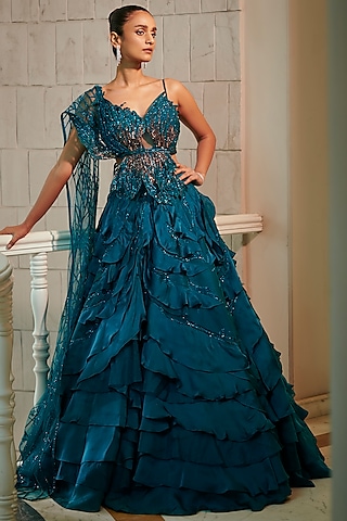 Teal Blue Organza Embroidered Lehenga Set by Adaara Couture