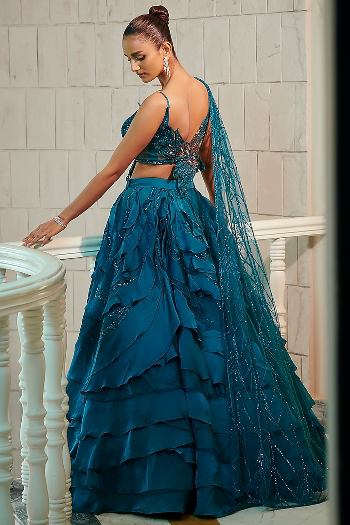 Teal Blue Organza Embroidered Bridal Lehenga Set by Adaara Couture at Pernia's Pop Up Shop