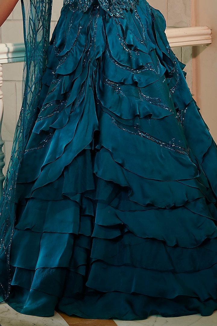 Teal Blue Organza Embroidered Bridal Lehenga Set by Adaara Couture at Pernia's Pop Up Shop