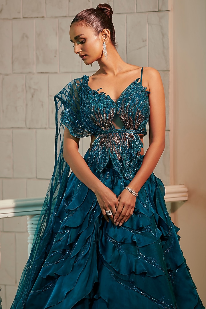Teal Blue Organza Embroidered Bridal Lehenga Set by Adaara Couture at Pernia's Pop Up Shop