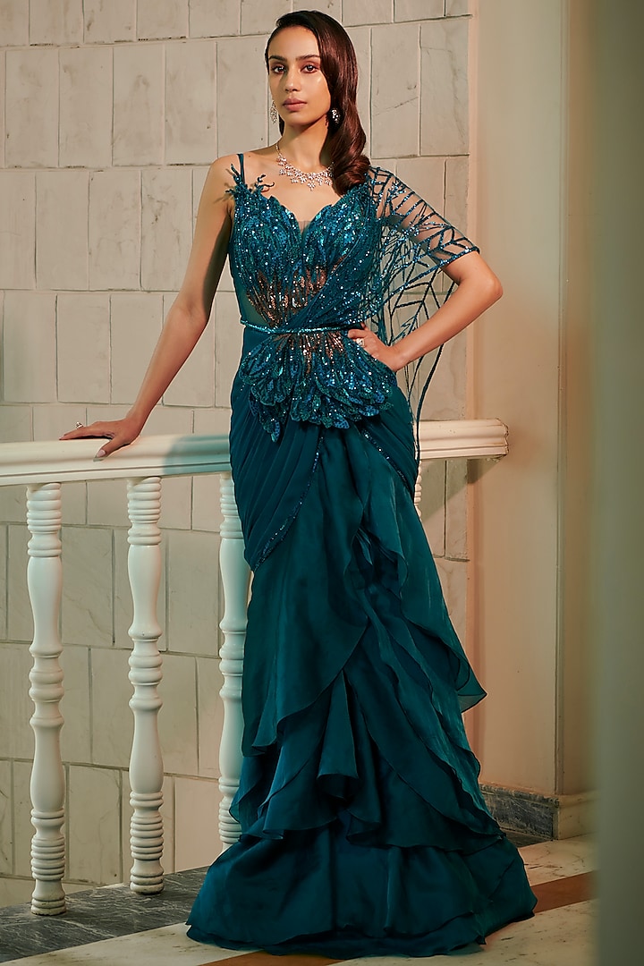 Teal Blue Bemberg Silk & Organza Embroidered Gown Saree Design by ...