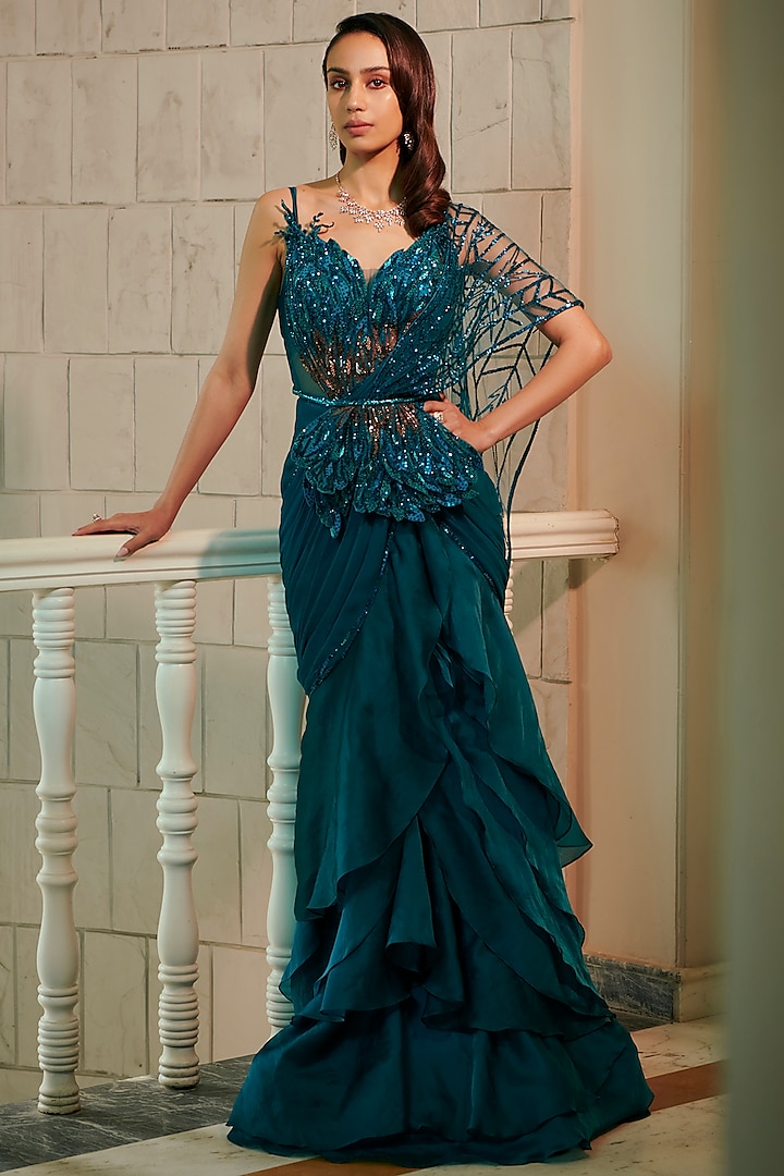 Teal Blue Bemberg Silk Hand & Machine Embroidered Draped Reception Gown Saree by Adaara Couture at Pernia's Pop Up Shop
