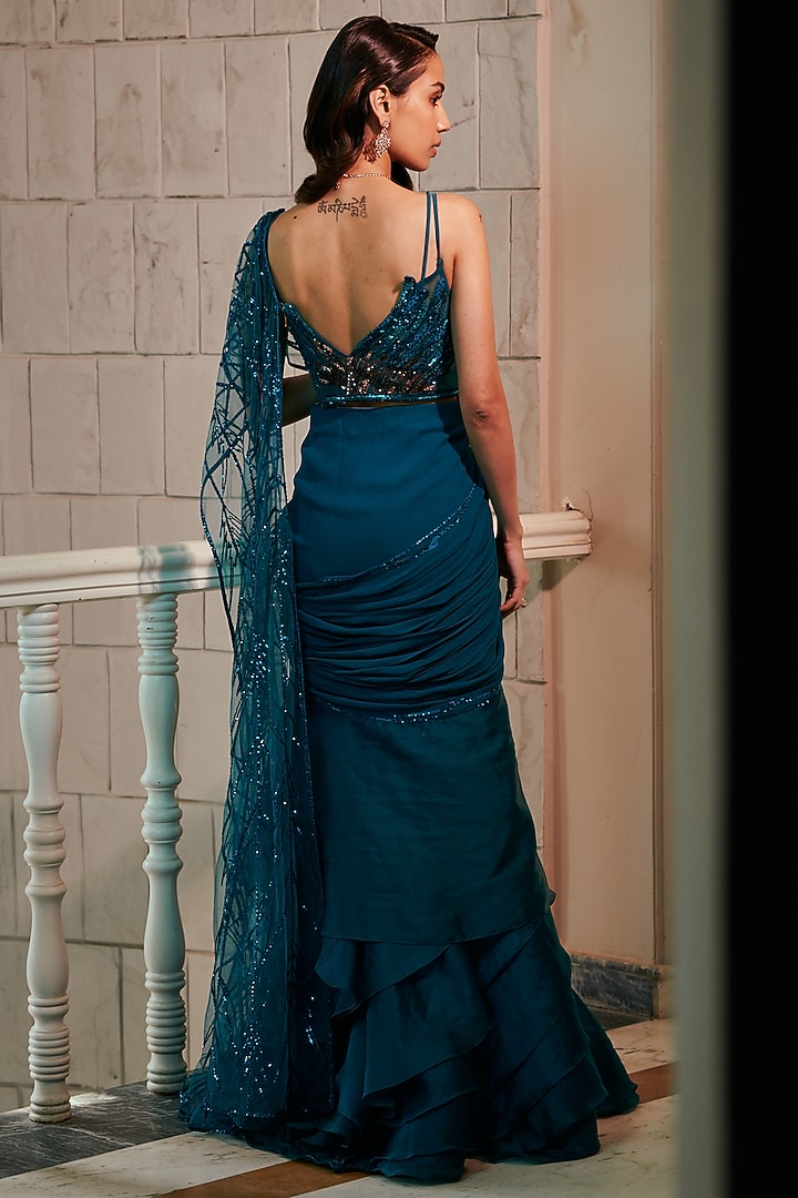 Teal Blue Bemberg Silk Hand & Machine Embroidered Draped Reception Gown Saree by Adaara Couture at Pernia's Pop Up Shop