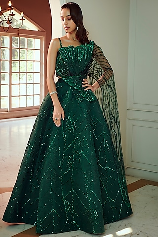 Emerald Green Silk & Net Embroidered Lehenga Set by Adaara Couture