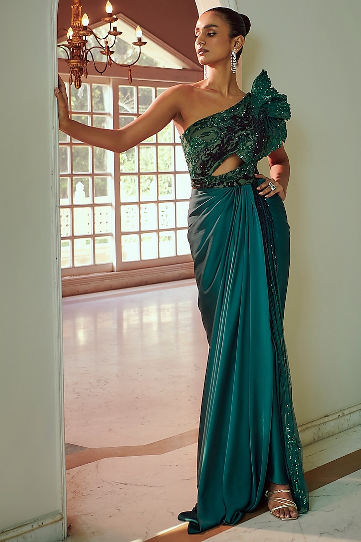Emerald Green Silk & Net Pre-Draped Saree by Adaara Couture