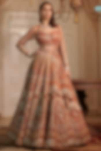 Rust Raw Silk & Net Embroidered Lehenga Set by Adaara Couture