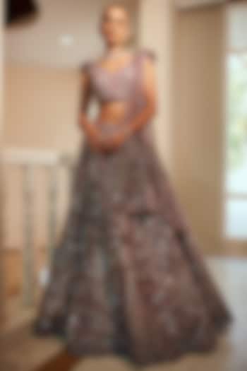 Lilac Raw Silk & Net Embroidered Bridal Lehenga Set by Adaara Couture at Pernia's Pop Up Shop