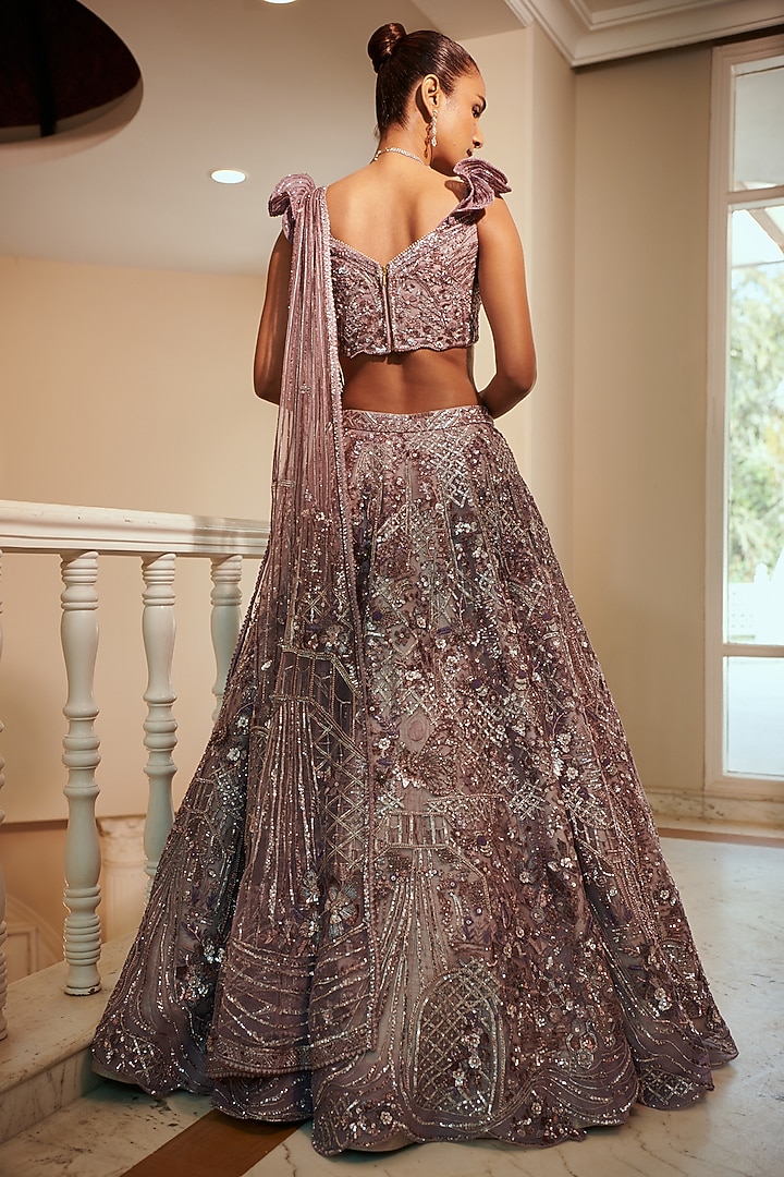 Lilac Raw Silk & Net Embroidered Bridal Lehenga Set by Adaara Couture at Pernia's Pop Up Shop