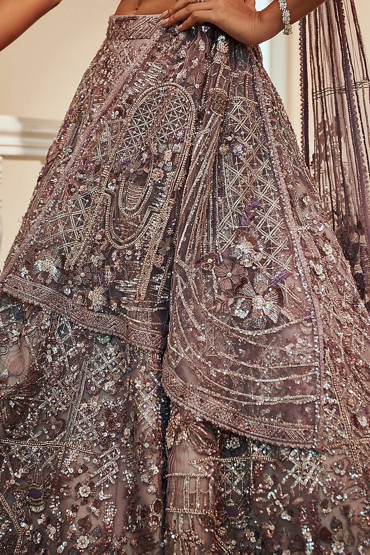 Lilac Raw Silk & Net Embroidered Bridal Lehenga Set by Adaara Couture at Pernia's Pop Up Shop
