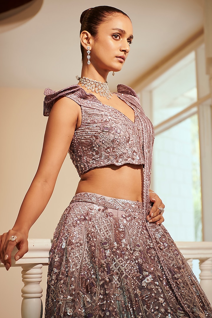 Lilac Raw Silk & Net Embroidered Bridal Lehenga Set by Adaara Couture at Pernia's Pop Up Shop