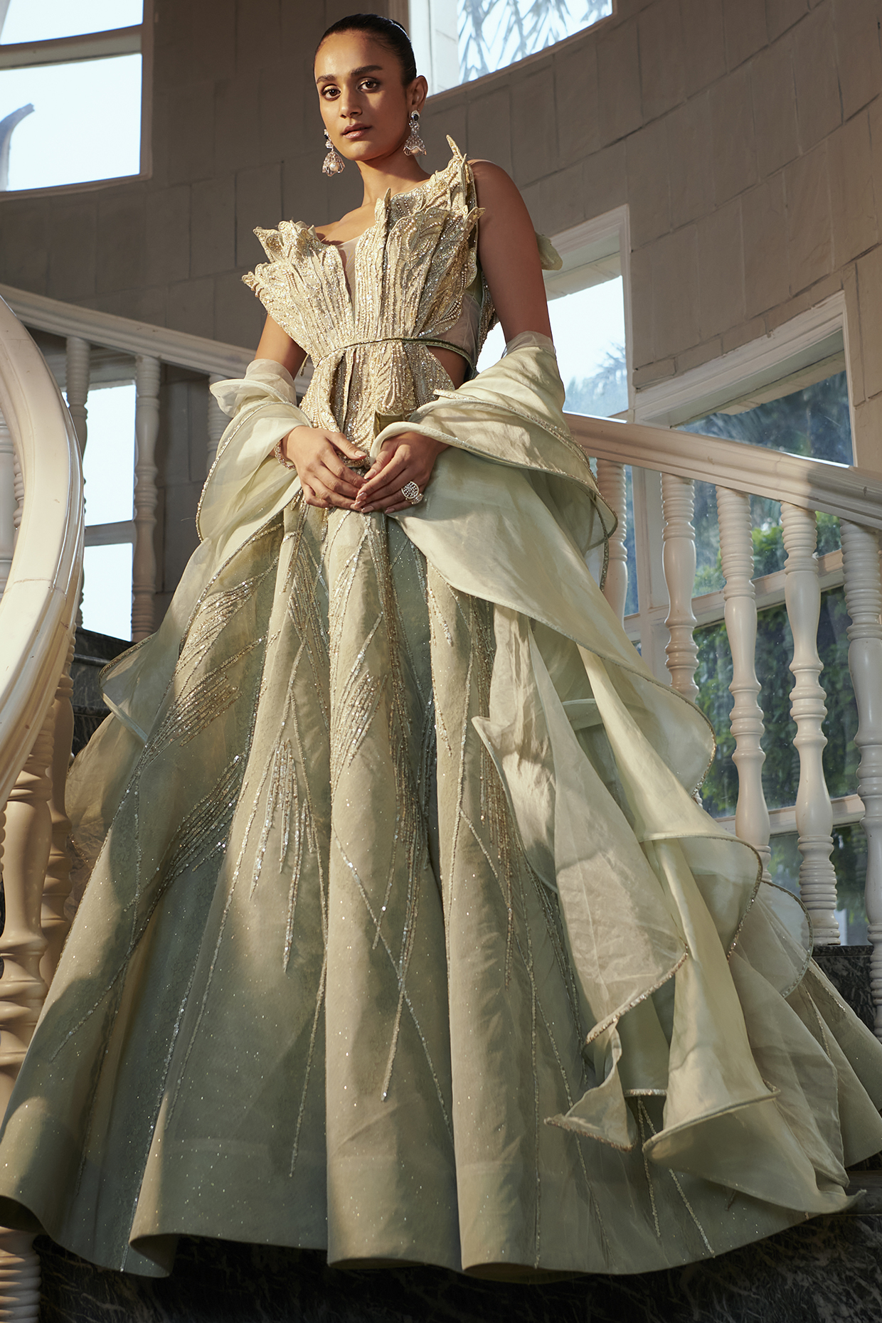 Sea Green Net & Silk Embroidered Bridal Lehenga Set by Adaara Couture at Pernia's Pop Up Shop