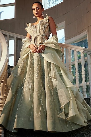 Sea Green Net & Silk Embroidered Lehenga Set by Adaara Couture