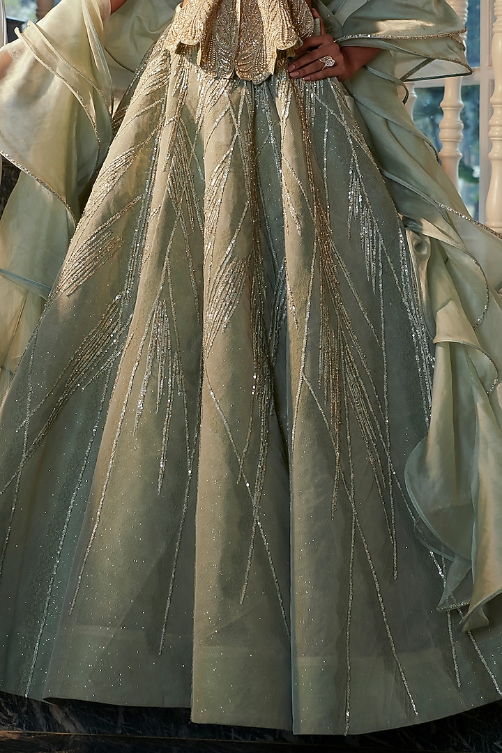Sea Green Net & Silk Embroidered Bridal Lehenga Set by Adaara Couture at Pernia's Pop Up Shop