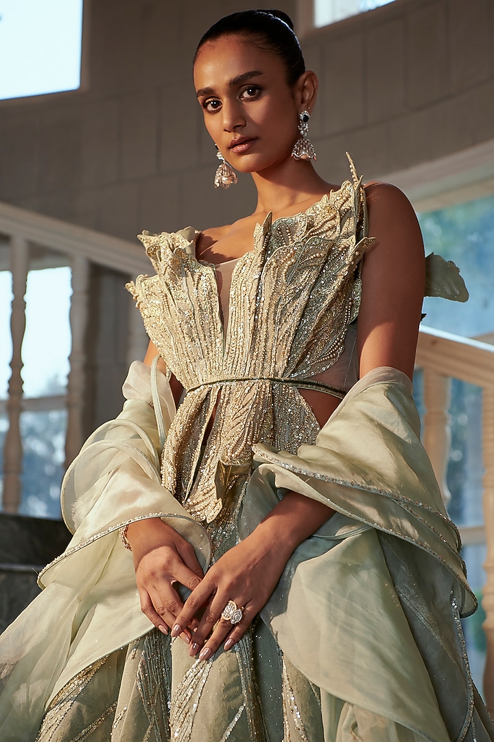 Sea Green Net & Silk Embroidered Bridal Lehenga Set by Adaara Couture at Pernia's Pop Up Shop