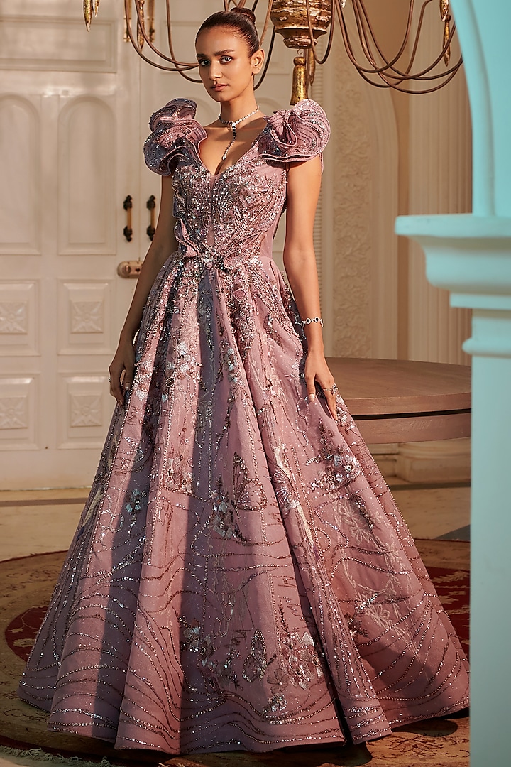 Lilac Net & Silk Embroidered Gown by Adaara Couture