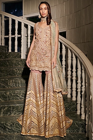 Rust Brocade Georgette Embroidered Sharara Set by Adaara Couture