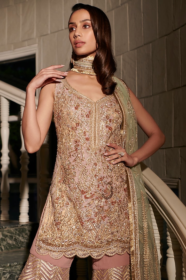 Rust Brocade Georgette Embroidered Bridal Sharara Set by Adaara Couture at Pernia's Pop Up Shop