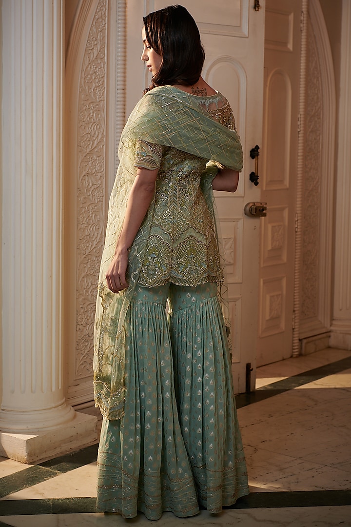 Sea Green Brocade Georgette Embroidered Bridal Sharara Set by Adaara Couture at Pernia's Pop Up Shop