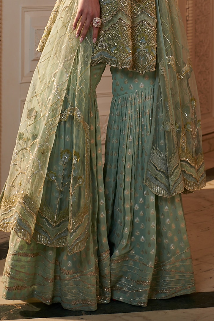 Sea Green Brocade Georgette Embroidered Bridal Sharara Set by Adaara Couture at Pernia's Pop Up Shop