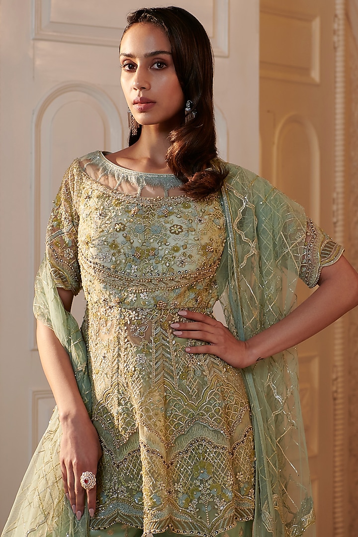 Sea Green Brocade Georgette Embroidered Bridal Sharara Set by Adaara Couture at Pernia's Pop Up Shop