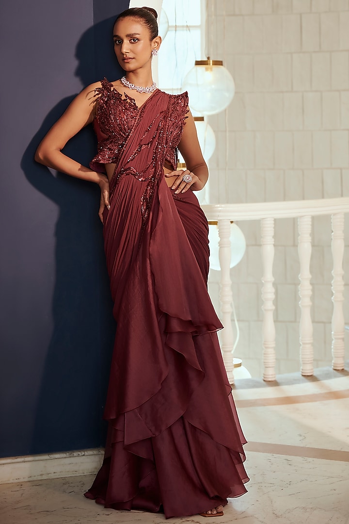 Wine Organza Hand Embroidered Draped Saree Set by Adaara Couture at Pernia's Pop Up Shop