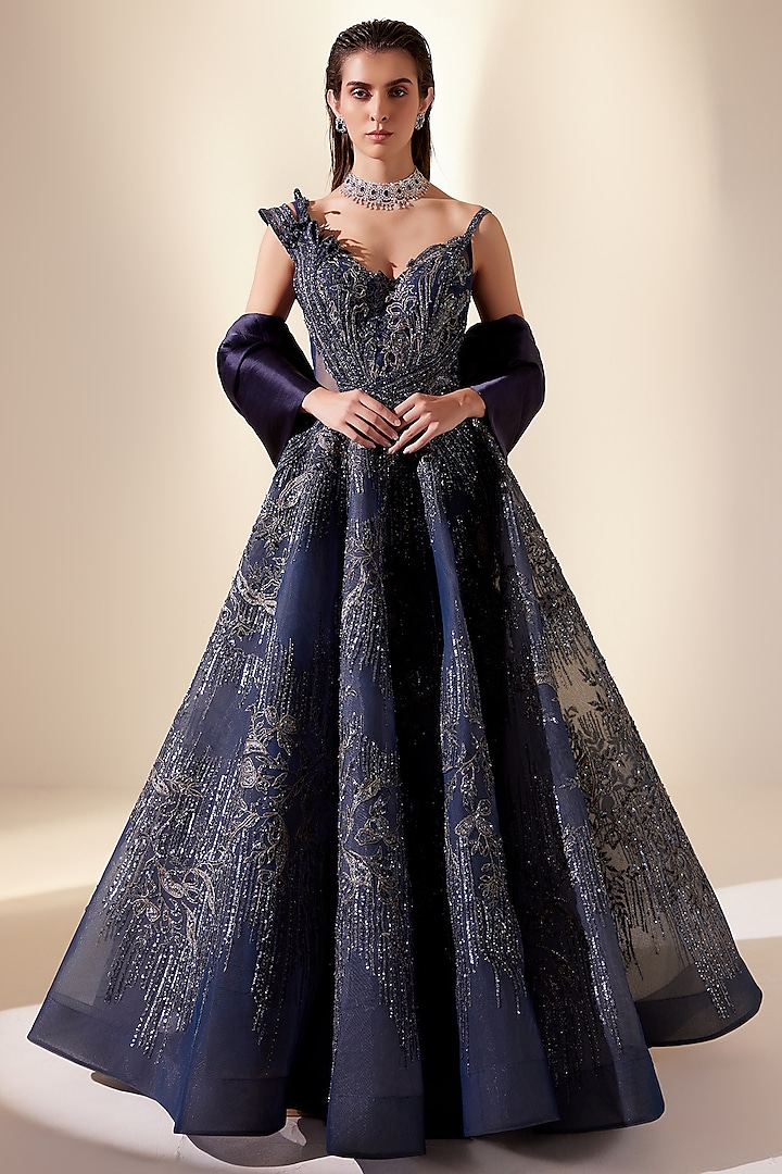Midnight Blue Silk Organza & Net Embellished Gown With Dupatta by Adaara Couture